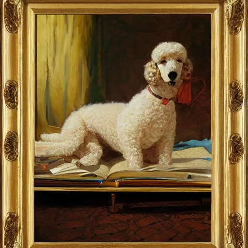 Prompt: a poodle reading a big book, highly detailed painting by gaston bussiere, craig mullins, j. c. leyendecker 8 k