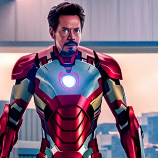 Prompt: film still of Kevin Bacon as Tony Stark in Ironman armor without the head piece in the new Avengers movie