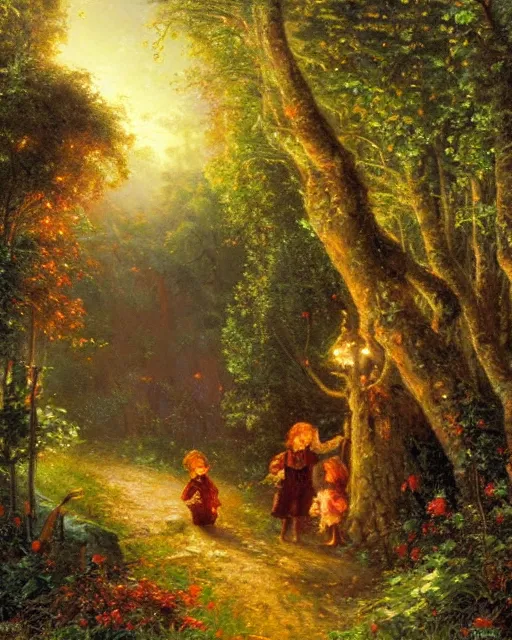 Prompt: an oil painting of hansel and gretel in the forest, by thomas kincade, ivan shiskin, and james gurney