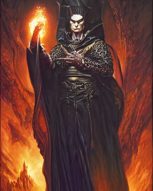 Image similar to portrait of Davis Hume as a powerful dungeons and dragons warlock, wearing dark robe, intricately detailed, realistic, oil painting, by jeff easley, boris vallejo, cinematic lighting