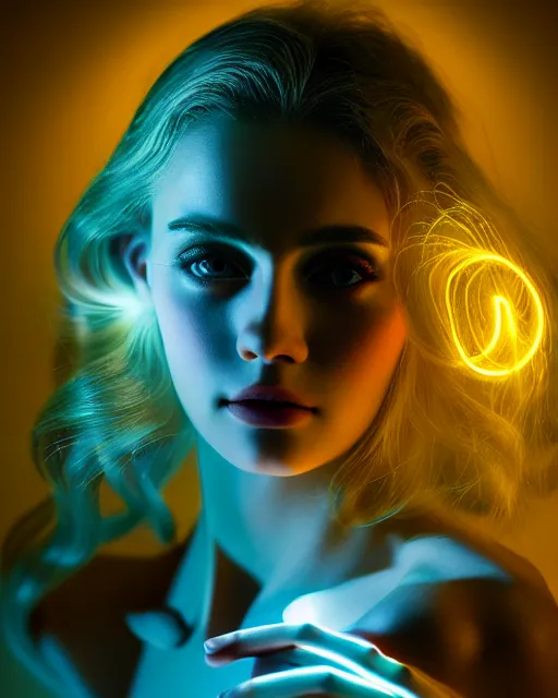 Image similar to luminescent long exposure light painting beauteous practical sumptuous full frame photo realistic face, lifelike incredible hair, crystalline masterpiece incrustations, hyperdetailed face, elegant pose, movie still, intricate, octane render, cinematic forest lighting,