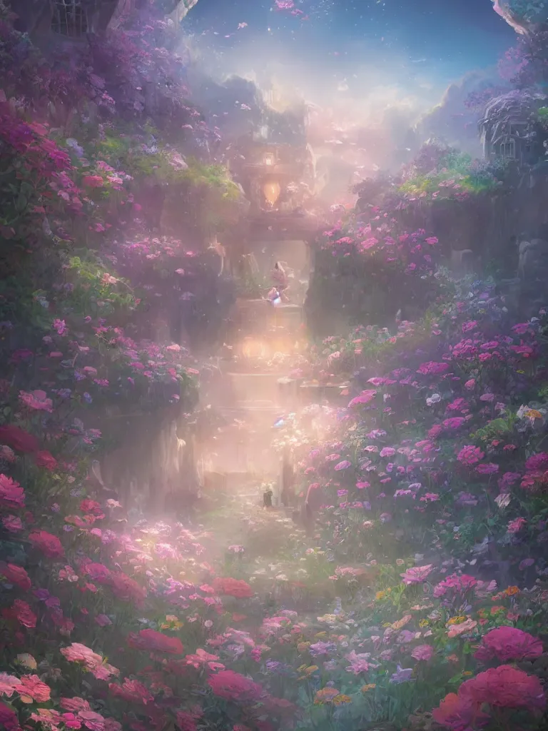 Image similar to a dream flower garden environment where one draws mystical energy into their lives, background art, pristine concept art, symmetrical in the style of WLOP and Ross Tran