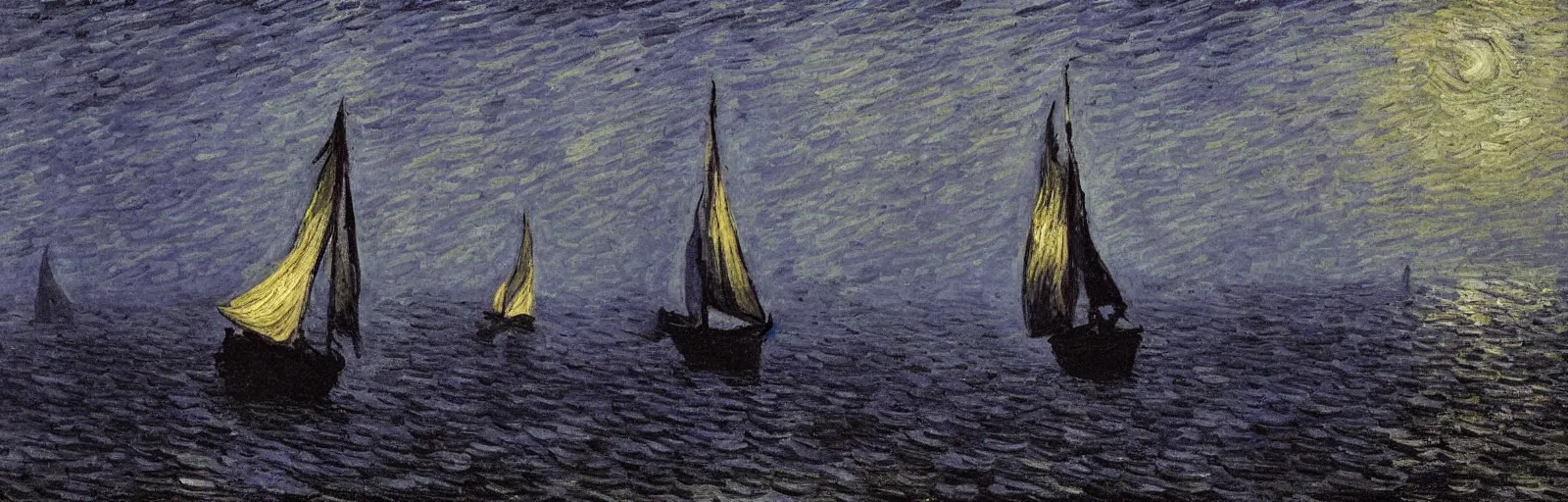 Image similar to An aesthetically pleasing, dynamic, energetic, lively, well-designed digital art of a sailboat on the ocean at night in a low mist, light and shadow, chiaroscuro, by Claude Monet and Vincent Van Gogh, superior quality, masterpiece, excellent use of negative space. 8K, superior detail.