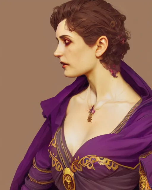 Image similar to greek vampire, ornate purple and gold byzantine dress, very detailed, beautiful, intricate, cinematic, artstation, william bouguereau, alphonse mucha, greg rutkowski, rossdraws, octane render