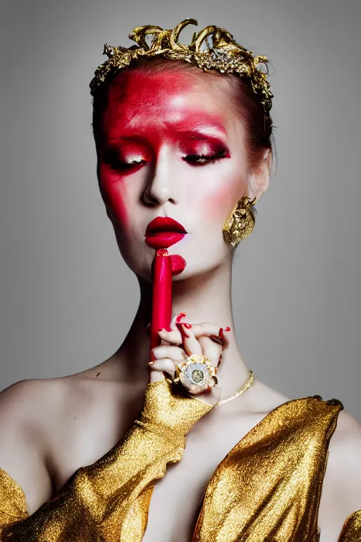 Prompt: fashion photography of a beautiful female with red makeup and gold jewelry, white background, 8 5 mm lens, alexander mcqueen dress,