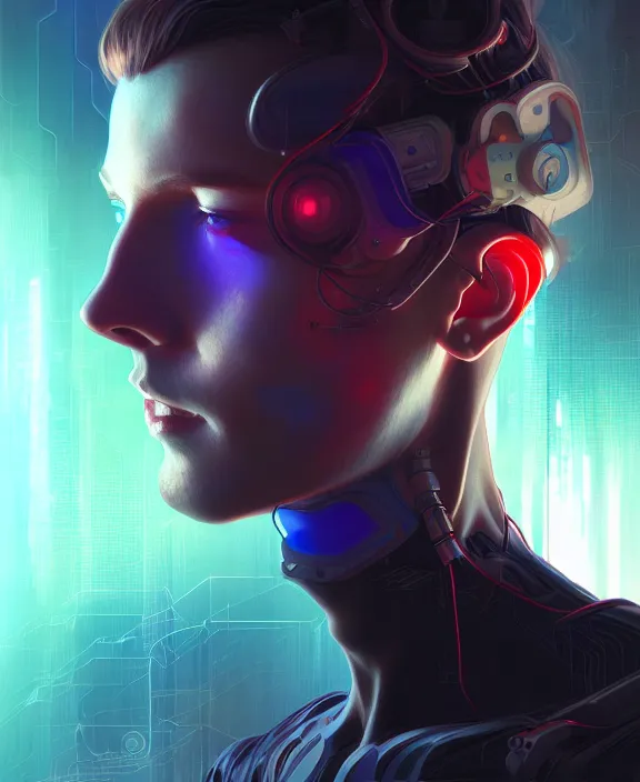 Image similar to a whirlwind inside the metaverse, guy, male, man, hologram, half body, neurochip, android, cyborg, cyberpunk face, by loish, d & d, fantasy, intricate, elegant, highly detailed, colorful, digital painting, artstation, concept art, art by artgerm and greg rutkowski and alphonse mucha