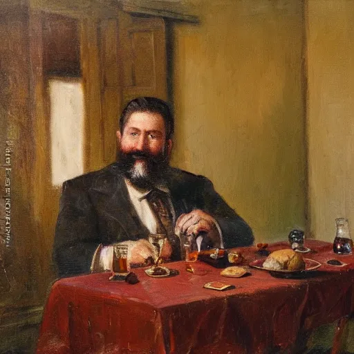 Prompt: oil painting of a man with a beard sitting a table in an old wooden house drinking whisky, bread visible on the table, detailes