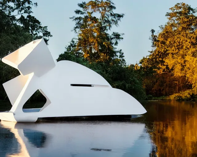 Image similar to photo of white minimalist abstract cubist sculpture of curvy spaceship with random small mecha mayan decorations, covered with few large white airplane parts with windows and doors, gigantic size, sunset lighting by a lake, the sculpture is reflected on the water