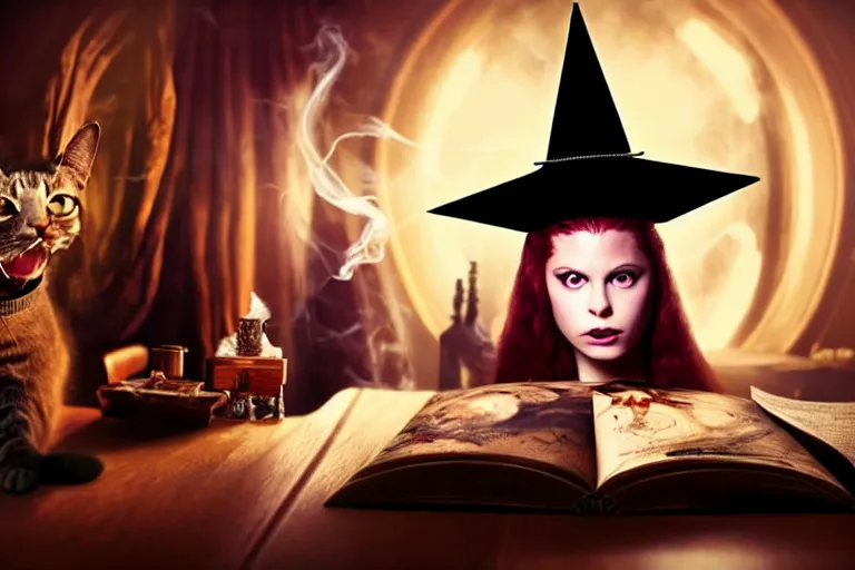 Image similar to close up portrait, dramatic lighting, teen witch casting a spell over a large open book on a table with dynamic action, cat on the table in front of her, sage smoke, a witch hat cloak, apothecary shelves in the background, still from tim burton movie,