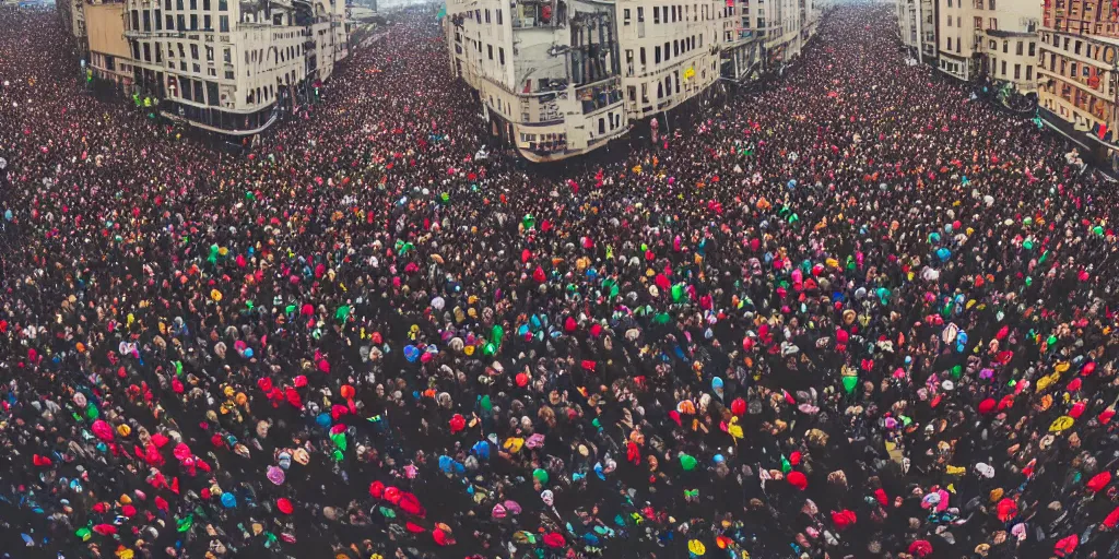 Image similar to million of people dancing in the streets, wide angle