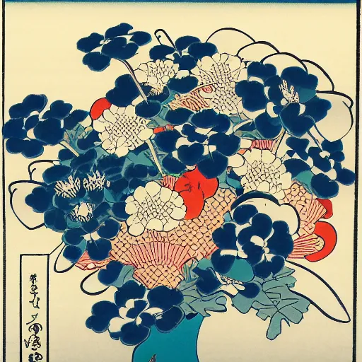 Image similar to bouquet of flowers, centered, symmetrical, ukiyo-e style, Hokusai, Hiroshige