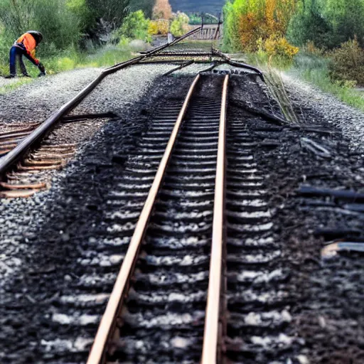 Image similar to working on train rails, hit and sunny day, very tired workers, slave, amazing deep photo, large, cool colors