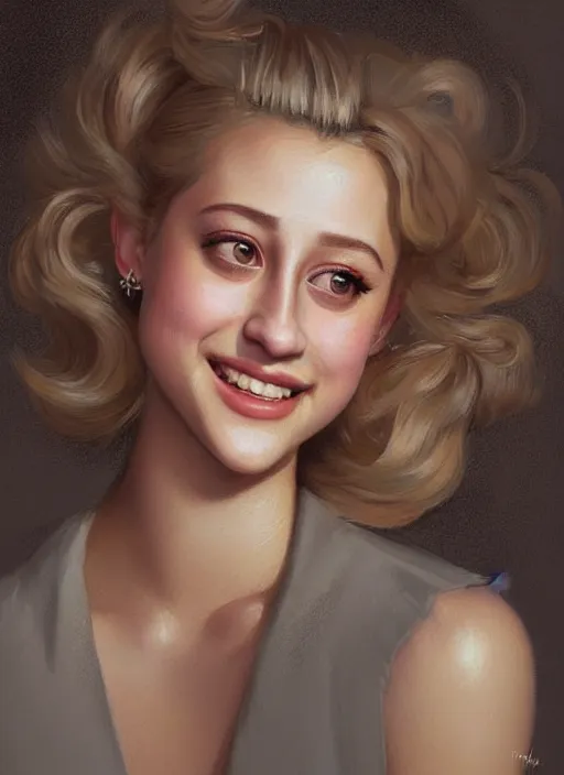 Image similar to portrait of lili reinhart with fluffy bangs, smiling kindly, bangs, 1 9 6 0 s, ponytail, curly bangs and ponytail, rounder face, intricate, elegant, glowing lights, highly detailed, digital painting, artstation, concept art, smooth, sharp focus, illustration, art by wlop, mars ravelo and greg rutkowski