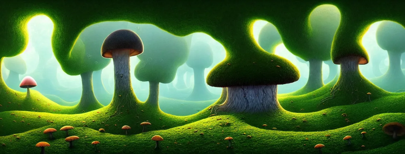 Image similar to gediminas pranckevicius beautiful and stunning professional digital artwork of a glowing mushroom cave, haze, spores floating in the air, vines, water, volumetric lighting, hyperrealistic, rtx on, ultra detail, barlowe wayne, maxfield parrish and marco mazzoni, miniature | no signature!