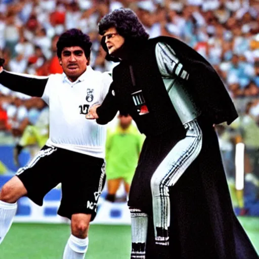 Image similar to Maradona scores penalty kick on Darth Vader, highly detailed