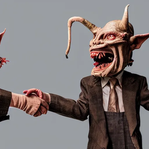 Prompt: two goblin demons shaking hands and looking at the camera, horror, nightmare, terrifying, surreal, nightmare fuel,