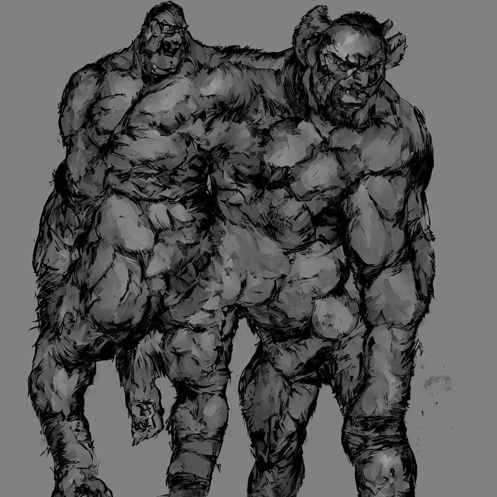 Image similar to large half bear half african man, in the style of yoji shinkawa