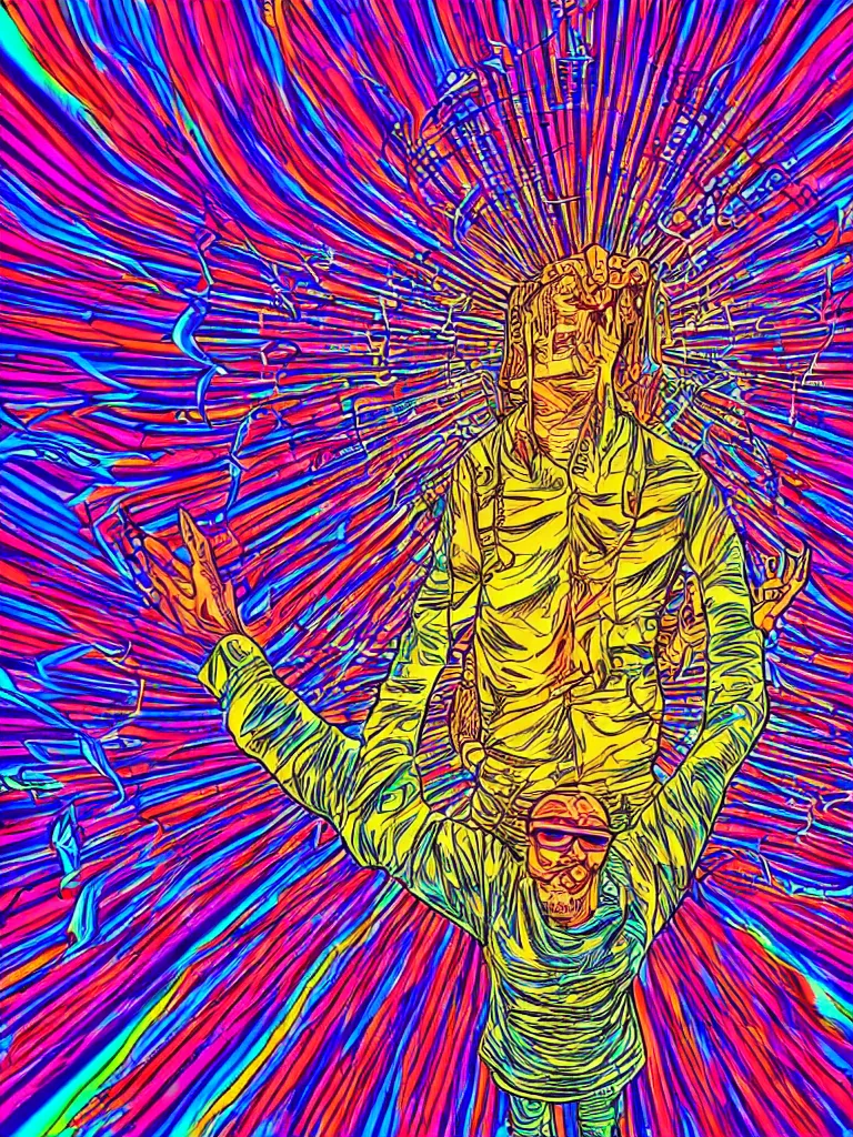 Image similar to rapping on stage at festival, holding microphone, giant crowd, epic pose, happy, psychedelic, hip hop, neon, vaporwave, illustrated by Alex Grey, 4k
