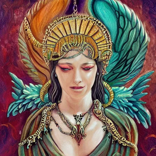 Image similar to an ancient lovecraftian like godess with wings and jewelllery on its head watching silently painting by belksinski