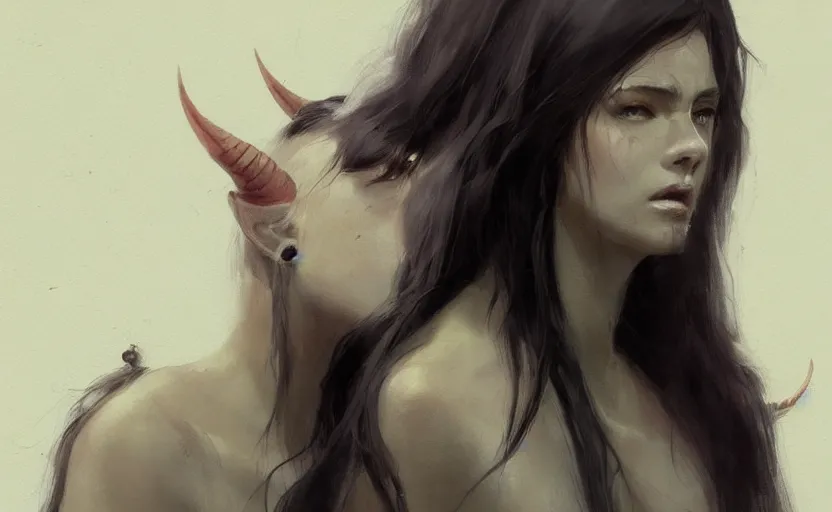 Image similar to a painting of aki trending on artstation in the style of greg rutkowski, beautiful, sensual, natural skin, horns on head, long black hair