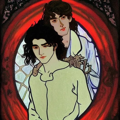 Image similar to painting of young cute handsome beautiful dark medium wavy hair man in his 2 0 s named shadow taehyung and cute handsome beautiful min - jun together at the graveyard party, ghostly, haunted gravestones, ghosts, autumn! colors, elegant, wearing suits!, clothes!, clear, delicate facial features, art by alphonse mucha, vincent van gogh, egon schiele