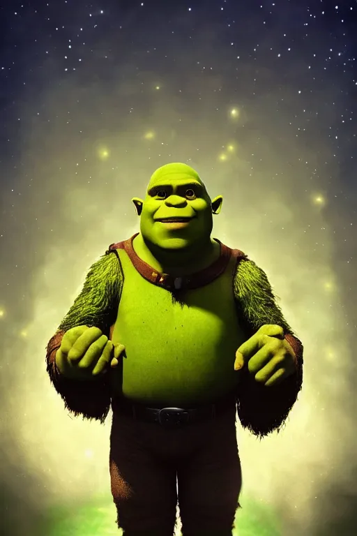 Image similar to portrait of Shrek as Hitler, Shrek-Hitler mixed, rule of thirds, captivating glowing lights, Star Trek setting, on interstellar space, photo realistic by Yaşar VURDEM , artstation, unreal engine, character concept art by Moebius, high quality printing