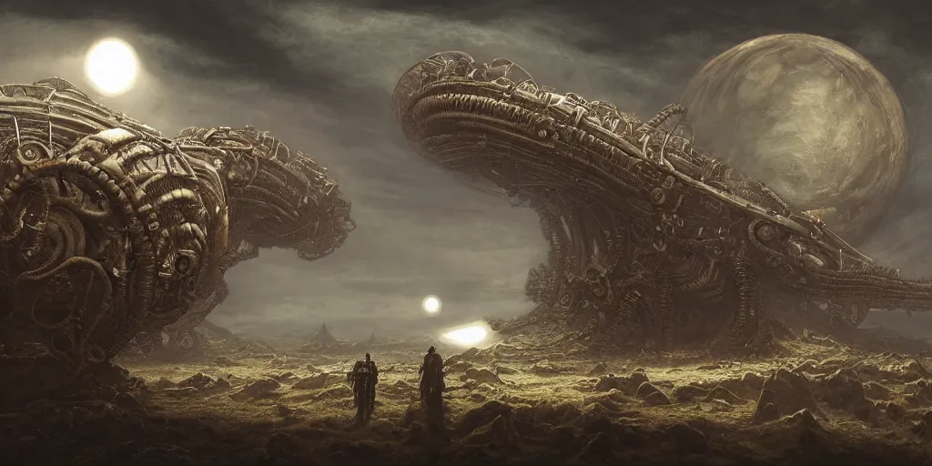 Image similar to photo of steampunk xenomorph planet, Les Edwards, Zdzislaw Beksinski, Carl Gustav Carus, John Harris, Michal Karcz, Zhang Kechun, Mikko Lagerstedt, Scott Listfield, Steven Outram, Jessica Rossier.