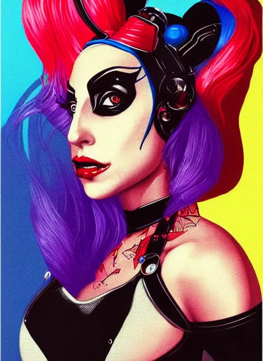 Prompt: beautiful lady gaga as harley quinn, high details, intricate details, by vincent di fate, artgerm julie bell beeple, 1 9 9 0 s, inking, vintage 9 0 s print, screen print