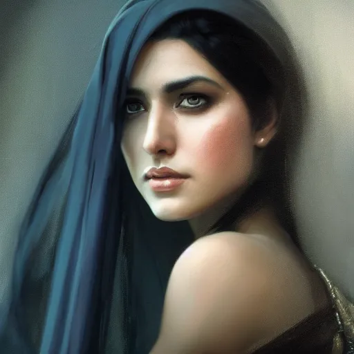 Image similar to a Photorealistic dramatic hyperrealistic render of an arab ameera al taweel, blue eyes, black hair, white veil,by WLOP,Artgerm,Greg Rutkowski,Alphonse Mucha, Beautiful dynamic dramatic dark moody lighting,shadows,cinematic atmosphere,Artstation,concept design art,Octane render,8K