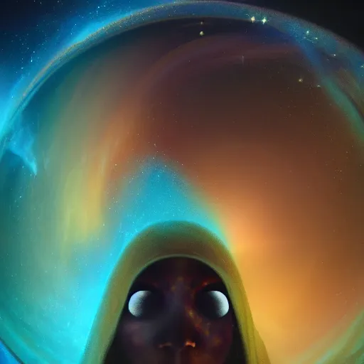 Image similar to a cloaked figure looking over a canyon landscape, face of a nebula within an orb, figure wearing gold and turquoise silken robe, in the style of jin kagetsu, wlop, masterpiece, award winning, misty morning, sharp focus, intricate concept art, 2 0 0 mm lens, hyperrealistic photography, lighting, 4 k, artstation