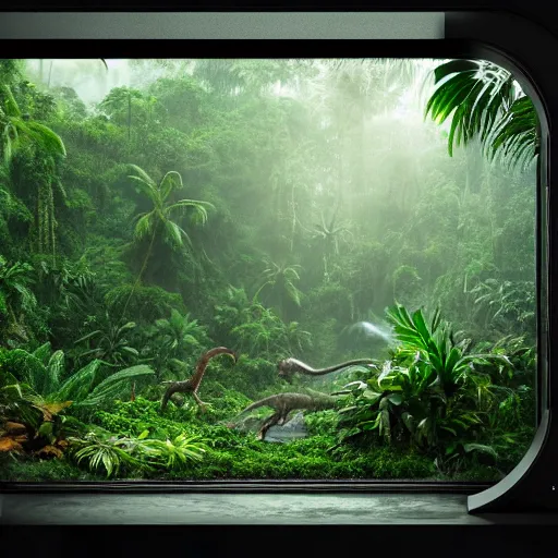 Prompt: a lush jungle matte painting inside a ornate glass jar, hyper realistic photo, 7 5 mm lens, studio lighting, tilt - shift, jurassic world, t - rex, grey backdrop