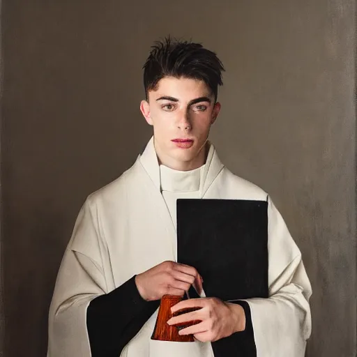 Image similar to attractive kai havertz wearing priest outfit holding intricate ivory candlestick. natural lighting by ruan jia, portrait. 8 k high definition