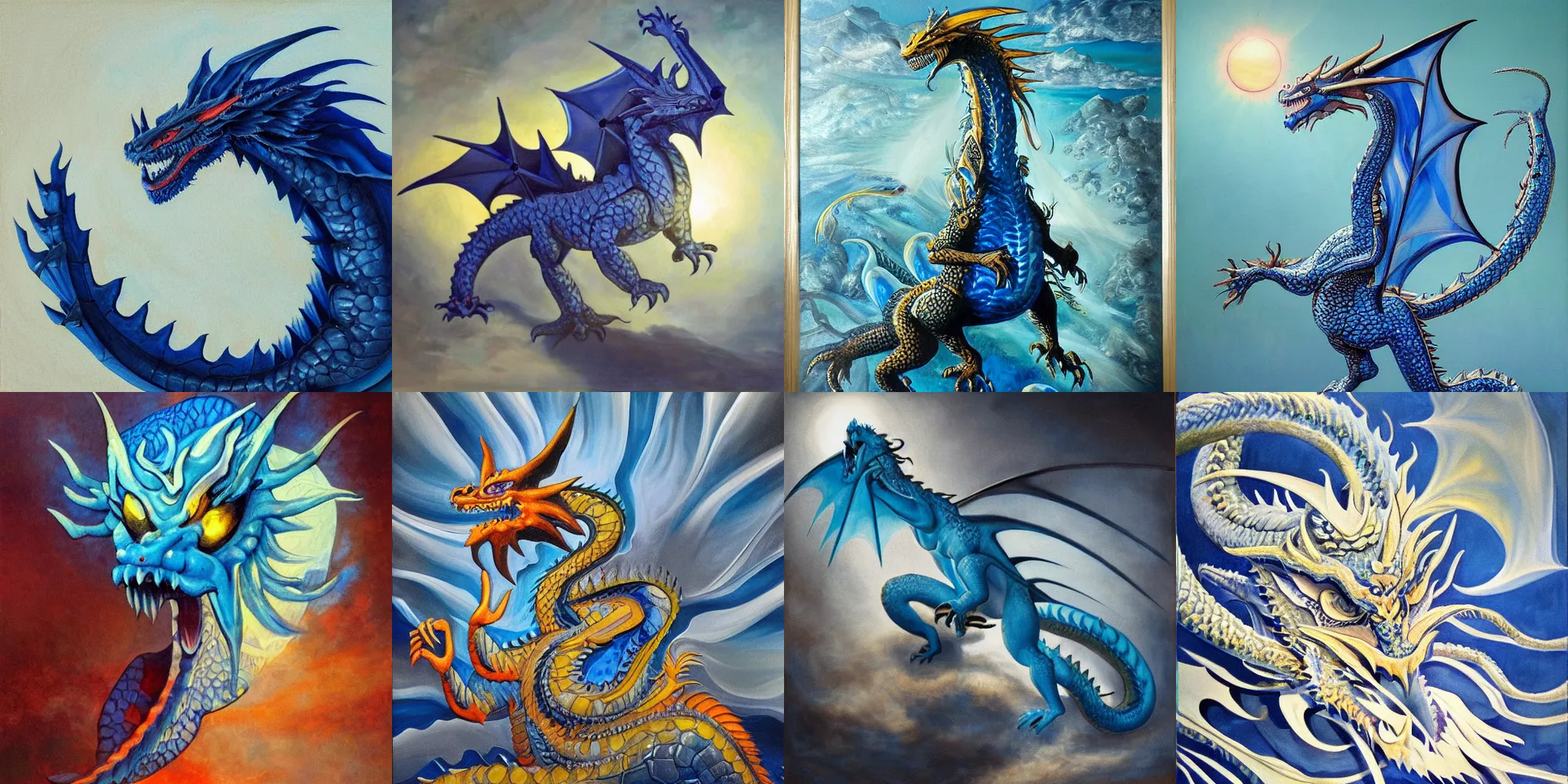 Prompt: Painting of a dragon made of glass with a blue tint, the sun can be seen shining through the body, oil on canvas by Buchholz, Quint