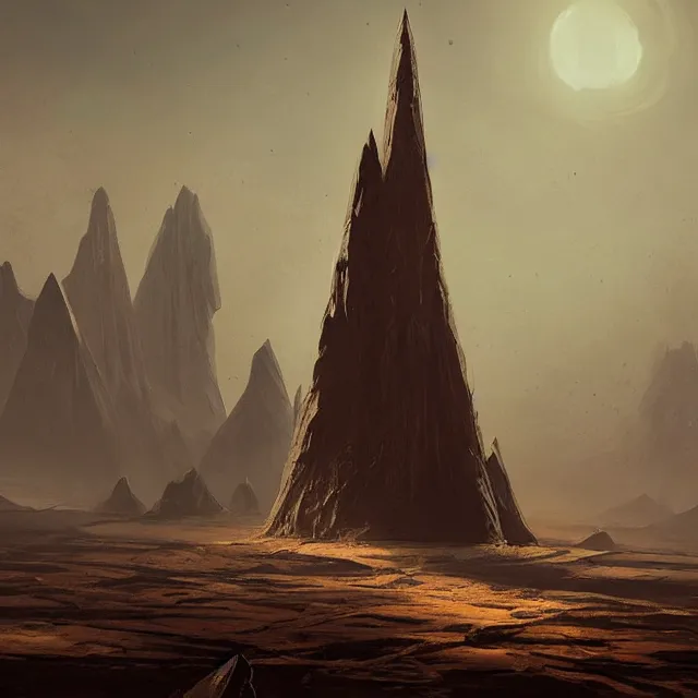 Prompt: a black spire rising up out of a desolate desert, by greg rutkowski, concept art, sci - fi concept art, cinematic lighting, highly detailed artwork, trending on artstation, movie concept art