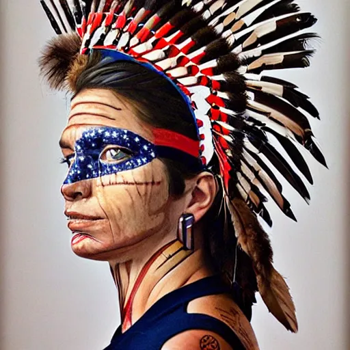 Image similar to a beautiful portrait sculpture designed by Sandra Chevrier, american indian headdress, American stars and stripes on face, by Annie Leibovitz