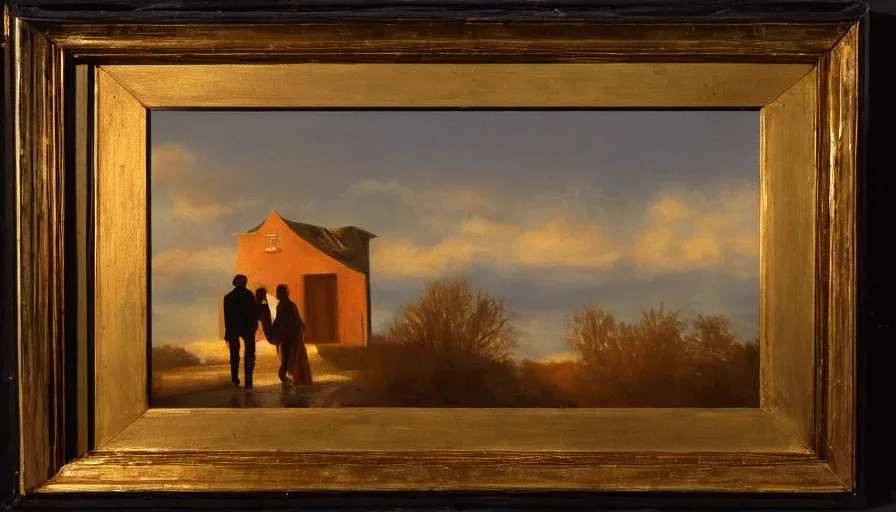 Image similar to oil painting, lovers leaving together, cinematic lighting, wow, establishing shot