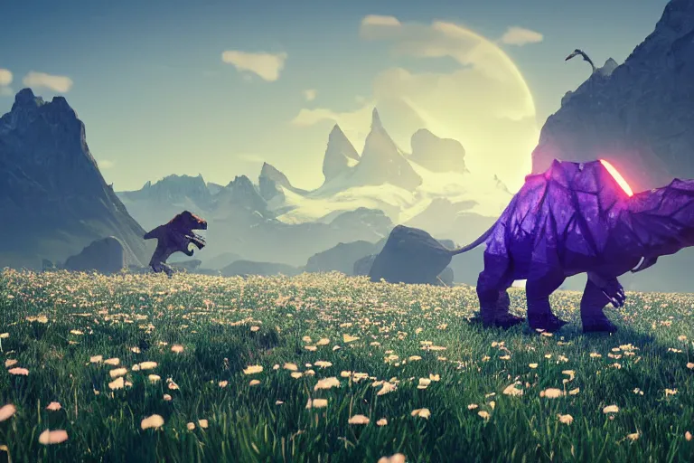 Prompt: lowpoly ps 1 playstation 1 9 9 9 glowing dinosaur standing in a field of daisies, swiss alps in the distance digital illustration by ruan jia on artstation