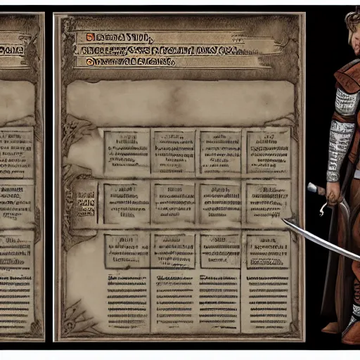 Prompt: D&D character sheet, with character's front illustration on the right and text on the left and top and bottom. Warrior character, wearing armor and holding a sword.