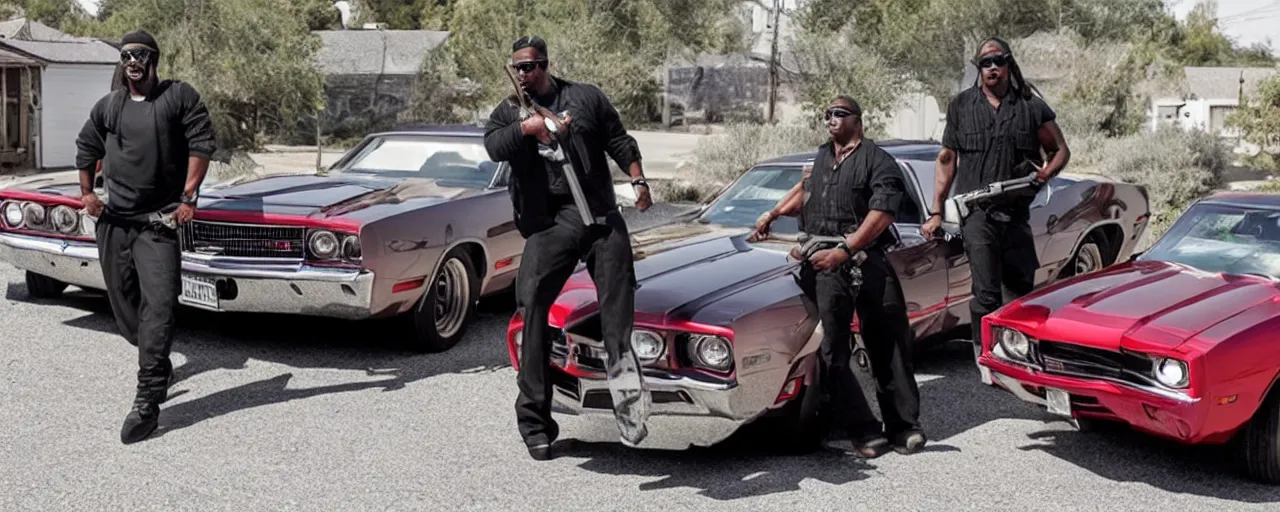 Image similar to gangsta boasting with cash and guns in front of a muscle car