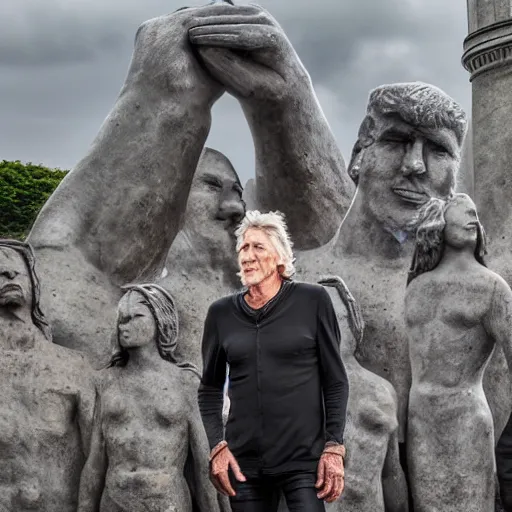 Prompt: Roger Waters taking a selfie with the eastern island statues, Real Event, Realistic, HDR, 8K