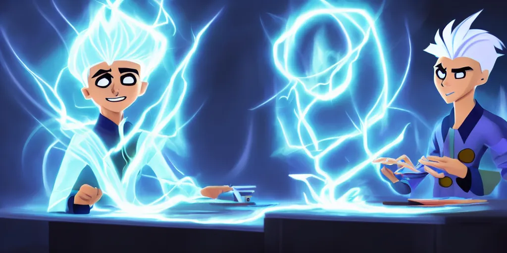 Image similar to a mage that has the face of danny phantom he is at his desk working on a new spell that is casting out flowing energy, colorful, flowing energy, light rays, consistent face, medium shot, waist up, pixar and disney animation, sharp, concept art, highly detailed, bloom, dramatic lighting, cinematic