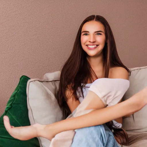 Image similar to a cute young woman smiling, long shiny bronze brown hair, full round face, emerald green eyes, medium skin tone, light cute freckles, smiling softly, wearing casual clothing, relaxing on a modern couch, interior lighting, cozy living room background, medium shot, mid-shot, soft focus