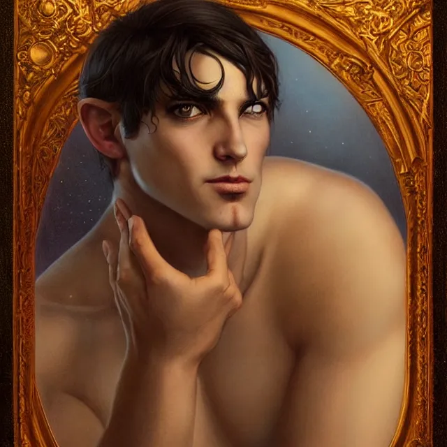 Prompt: portrait of a handsome male genie, art by tom bagshaw and paul cadmus and george quaintance