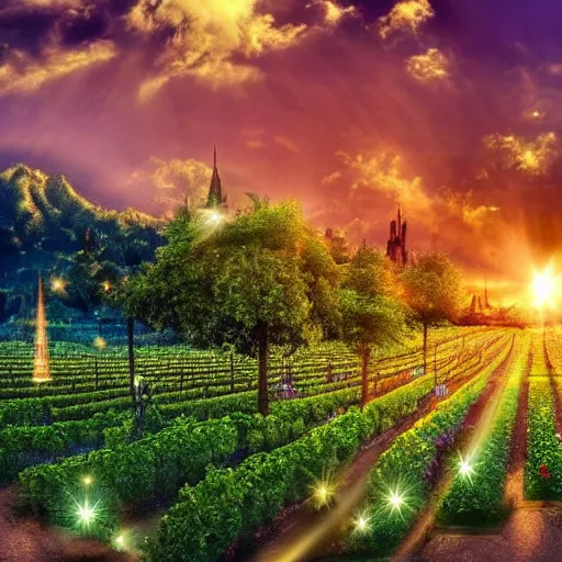 Prompt: Amazing View of fantasy Beautiful Sky Scenery with ornate gold and silver iridescent castles of light Highly detailed Vines Trees Gardens flowers in bloom clouds sunset holographic metallic angelic prismatic reflections Depth of field HDR