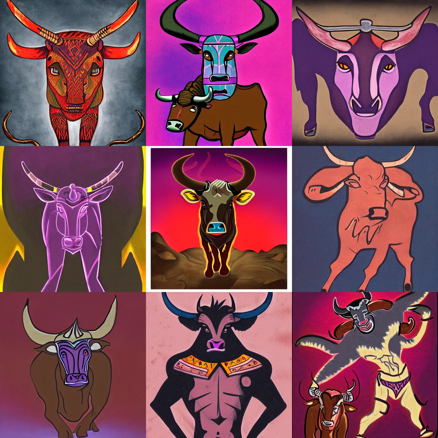 Prompt: a shaded - cartoon full - body illustration of a male minotaur with glowing tribal skin markings in a dark cave environment with a bovine head, painterly, detailed, art - deco, red and - purple - palette : : 0. 3