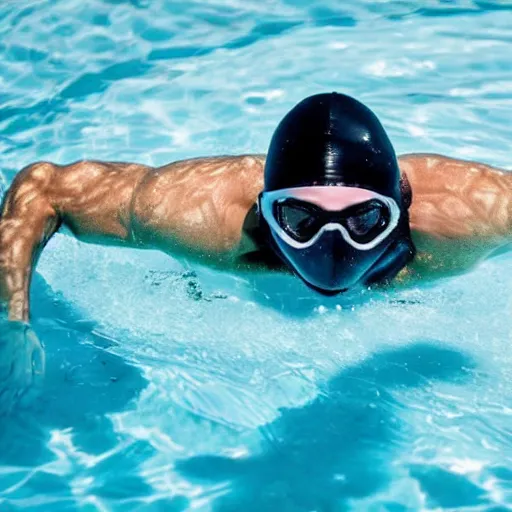 Prompt: villain in ski mask swimming in pool