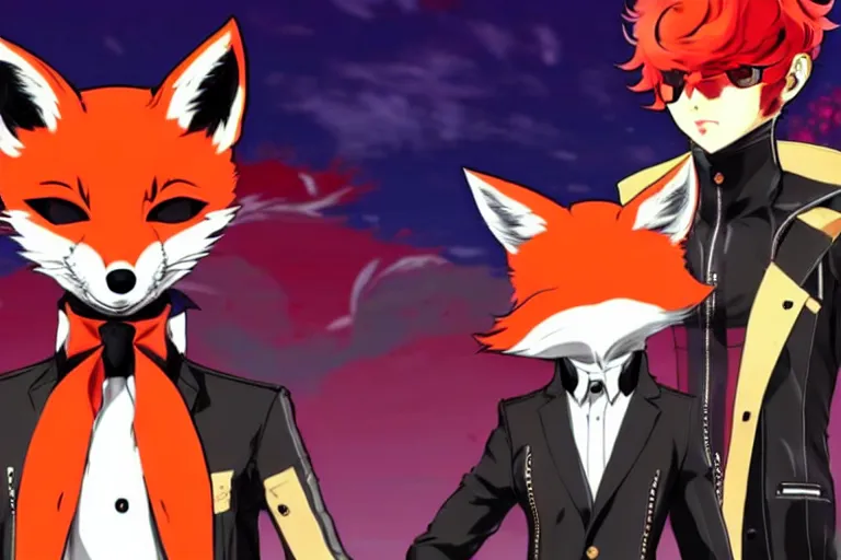 Image similar to a furry tan male fox on a persona 5 : royal ( by atlus ) video game splash screen, a furry male sandcolored tan fox fursona ( has hair ), persona 5 phantom thief style