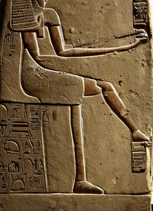 Image similar to a very very very worn out ancient egyptian relief of a man shooting a bolt action rifle, award winning photo