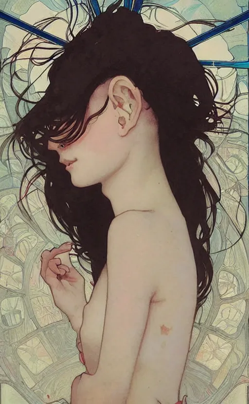 Image similar to egirl!!!!! aesthetic!!!! girl painting by tran nguyen ilya kuvshinov alphonse mucha and greg rutkowski