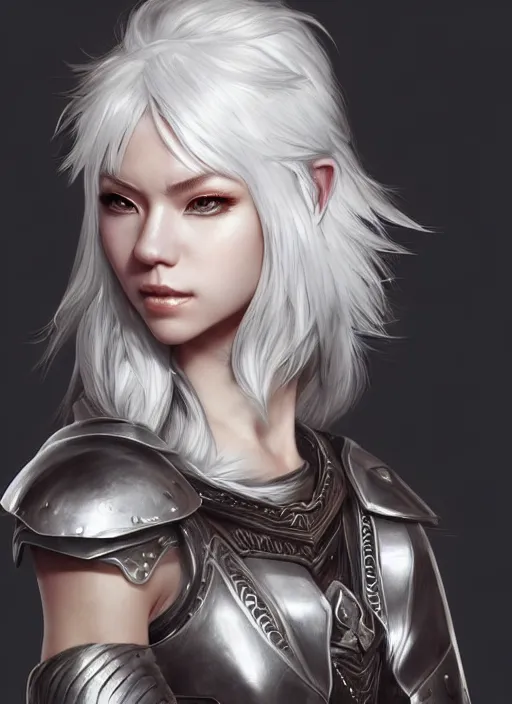 Image similar to warrior, fur leather armor!!! beautiful and elegant white hair female!! gorgeous ayes!! character concept art, sharp focus, octane render! unreal engine 5! highly rendered!! trending on artstation!! detailed linework!! illustration by artgerm, wlop, and chie yoshii